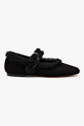 Wide Toe Box Option Mind Ease Verona Ballet Flat In Black Suede And Black Shearling