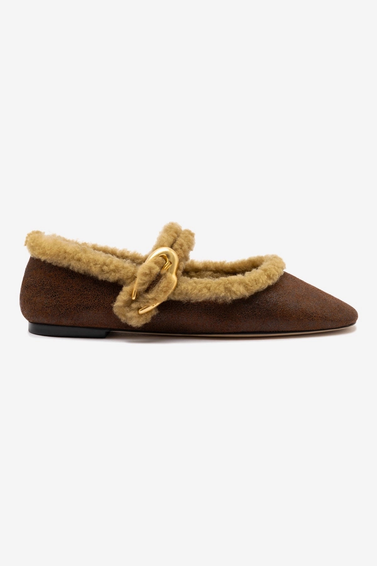 Stretchable Material Verona Ballet Flat In Cocoa Leather And Natural Shearling