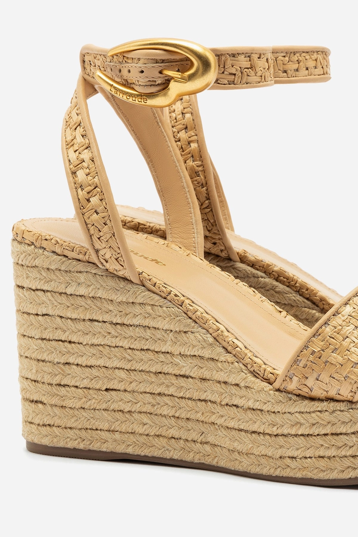 Friction Free Inner Seams Verona Low Wedge In Beige Leather and Natural Raffia