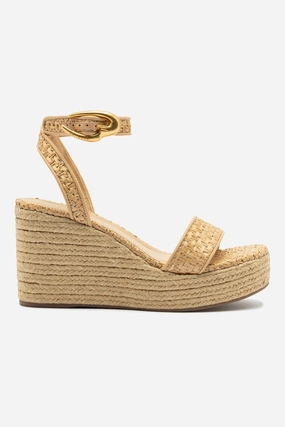 Verona Low Wedge In Beige Leather and Natural Raffia Long Walk