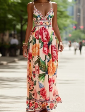 Verona Macaw & Peony Floral Print Resort Strappy Sundress ??Tropical Summer Flowy Dress Chic Ensemble Smooth Tone