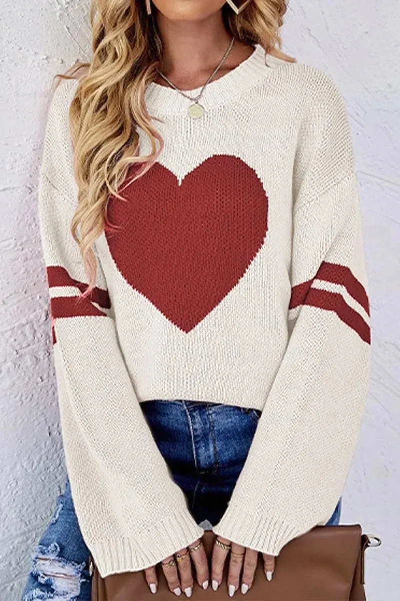 WOMEN OVERSIZED HEART PRINTING RIBBED PULLOVER TOP Long Sleeve Shirt