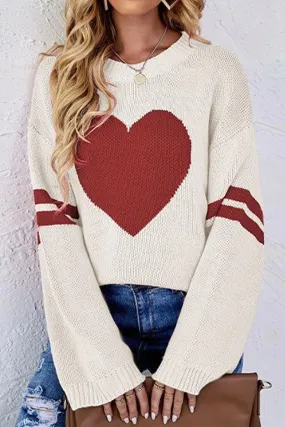 WOMEN OVERSIZED HEART PRINTING RIBBED PULLOVER TOP Stretchy Top