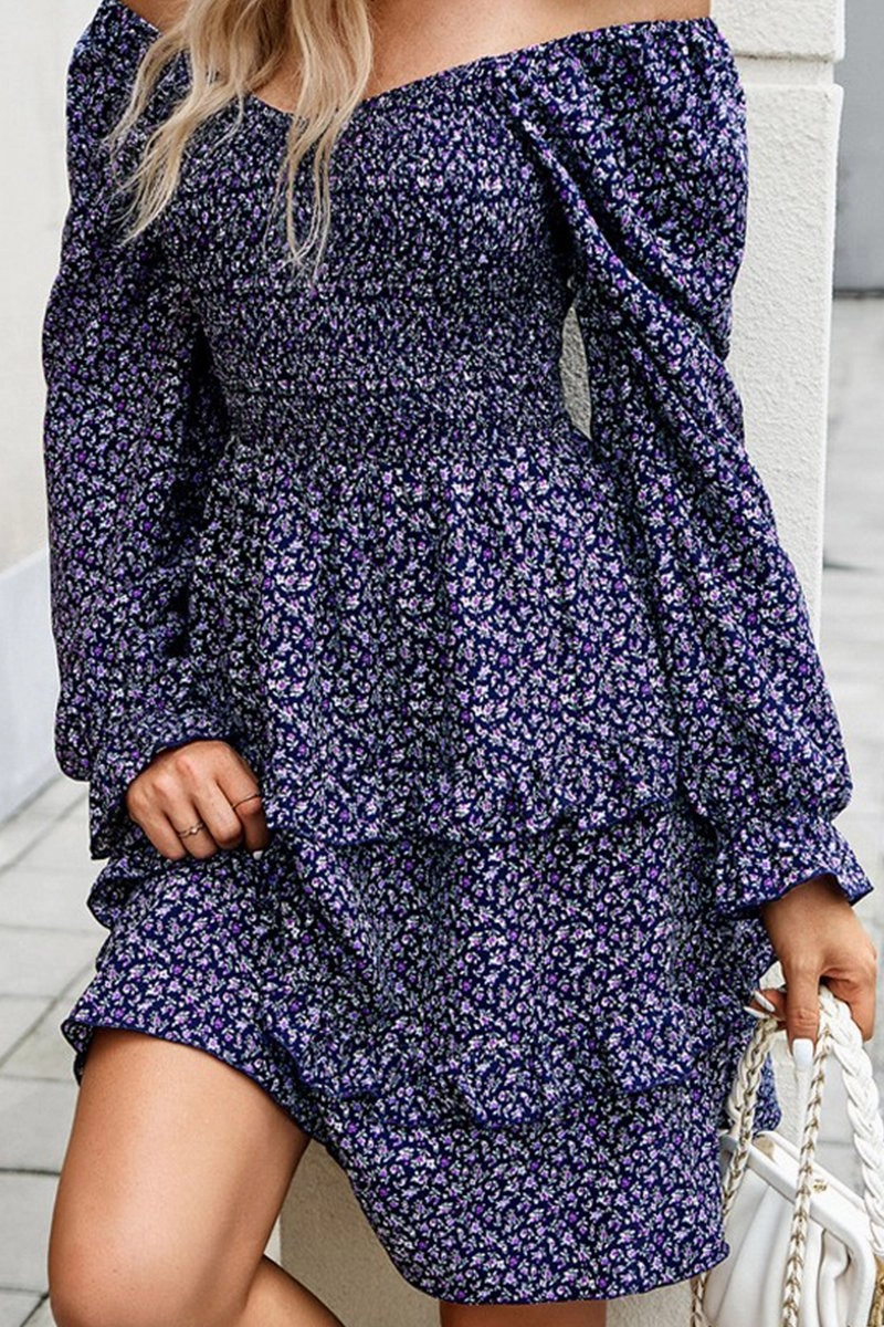 All-Day Wear WOMEN LONG SLEEVE RUFFLE TIRED FLORAL FLOWY DRESS