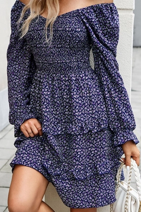 WOMEN LONG SLEEVE RUFFLE TIRED FLORAL FLOWY DRESS Flowing Lines