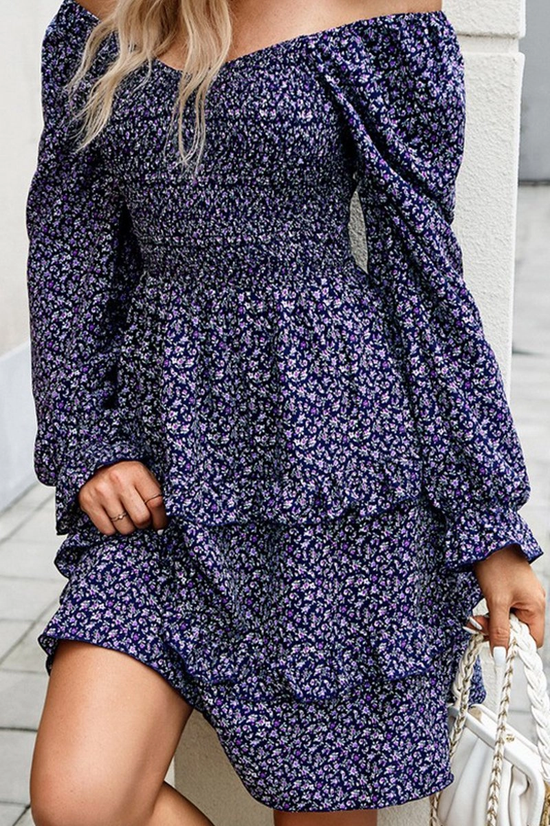 Gentle Drape WOMEN LONG SLEEVE RUFFLE TIRED FLORAL FLOWY DRESS