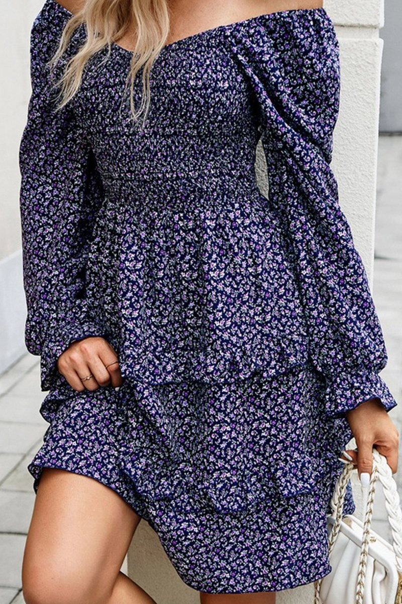 Casual Style Wear Unisex Option WOMEN LONG SLEEVE RUFFLE TIRED FLORAL FLOWY DRESS
