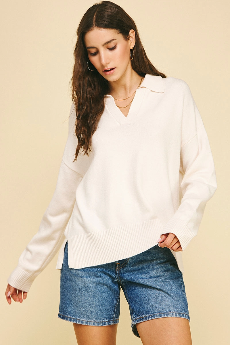 Cream Collar Knit Sweater MinimalistStyle