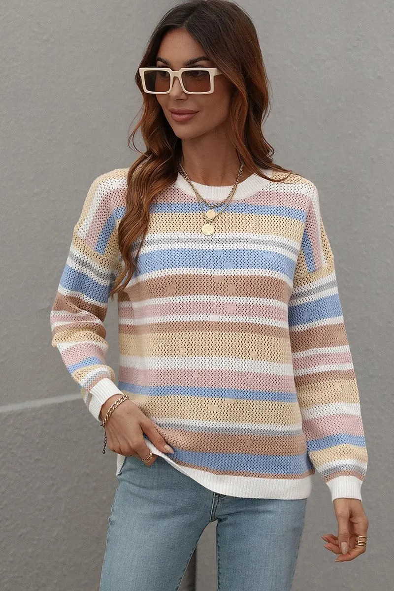 COLORED STRIPE KNIT SWEATER TOP Easy to Wear