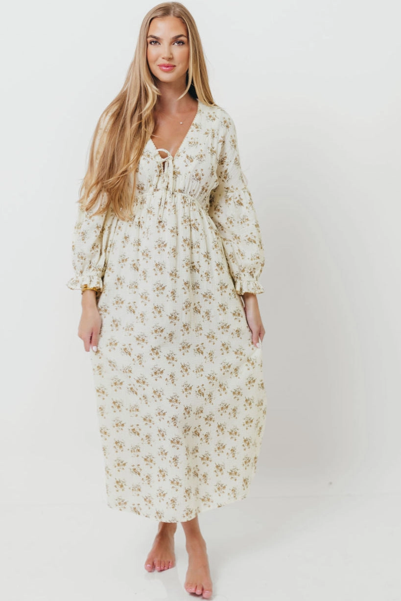 Bright bold dress Hunter 100% Cotton Gauze Maxi Dress with Detail Trimming in Cream Taupe Floral - Bump Friendly and Inclusive Sizing