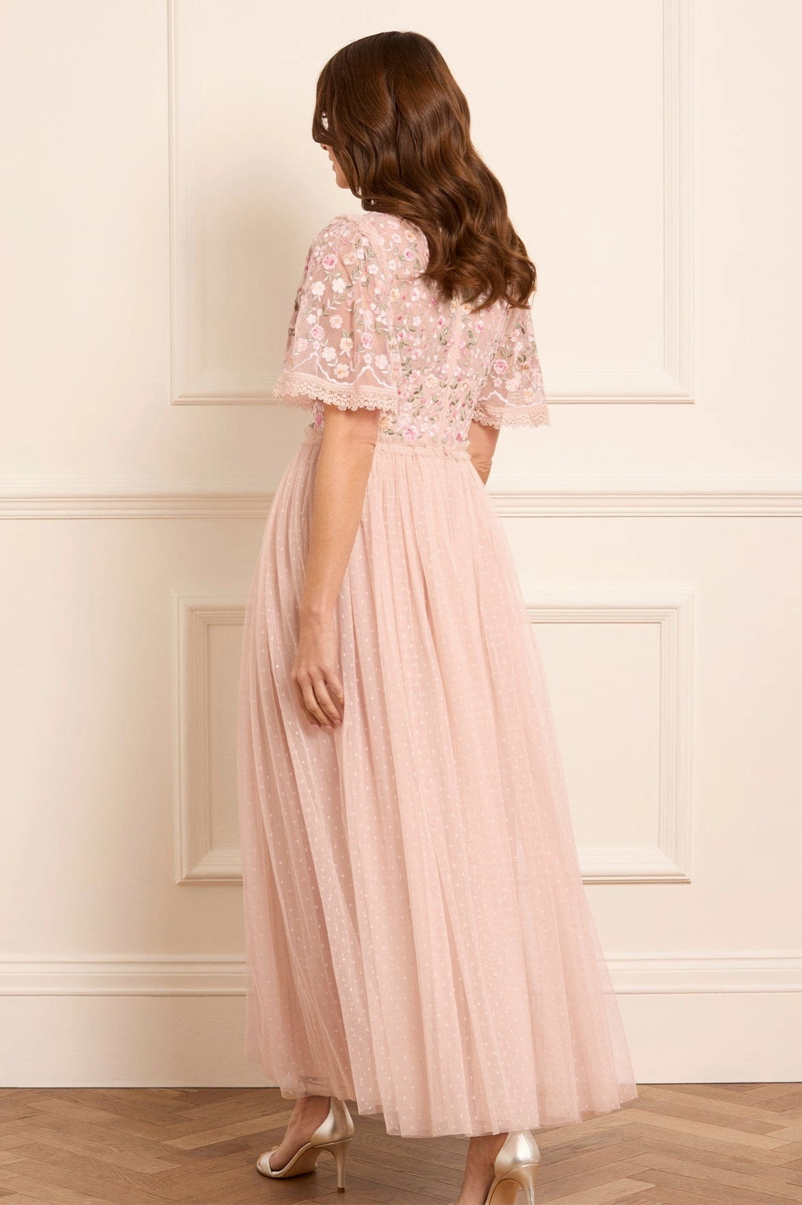 Limited-Edition Gradient Shade Rosie Lace Bodice Short Sleeve V-Neck Ankle Gown