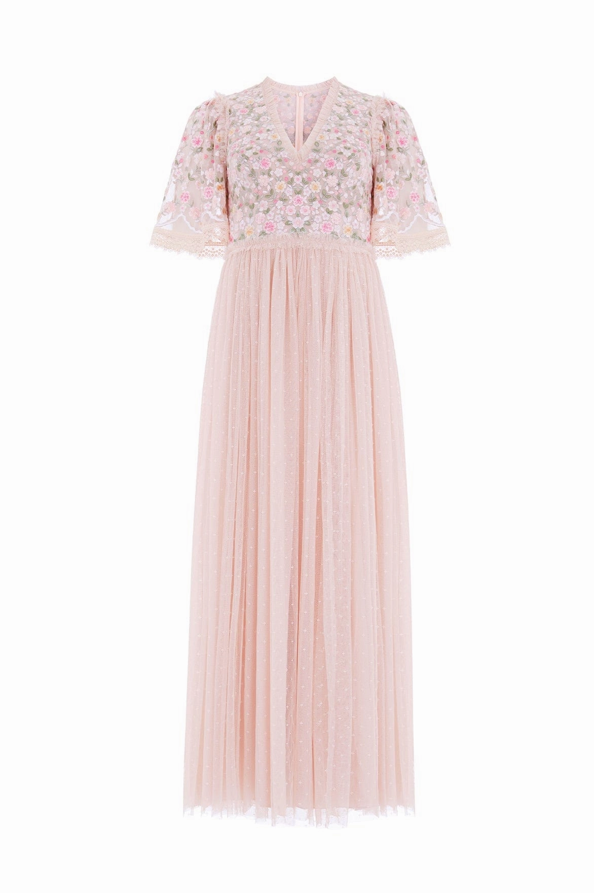 Rosie Lace Bodice Short Sleeve V-Neck Ankle Gown Shiny surface