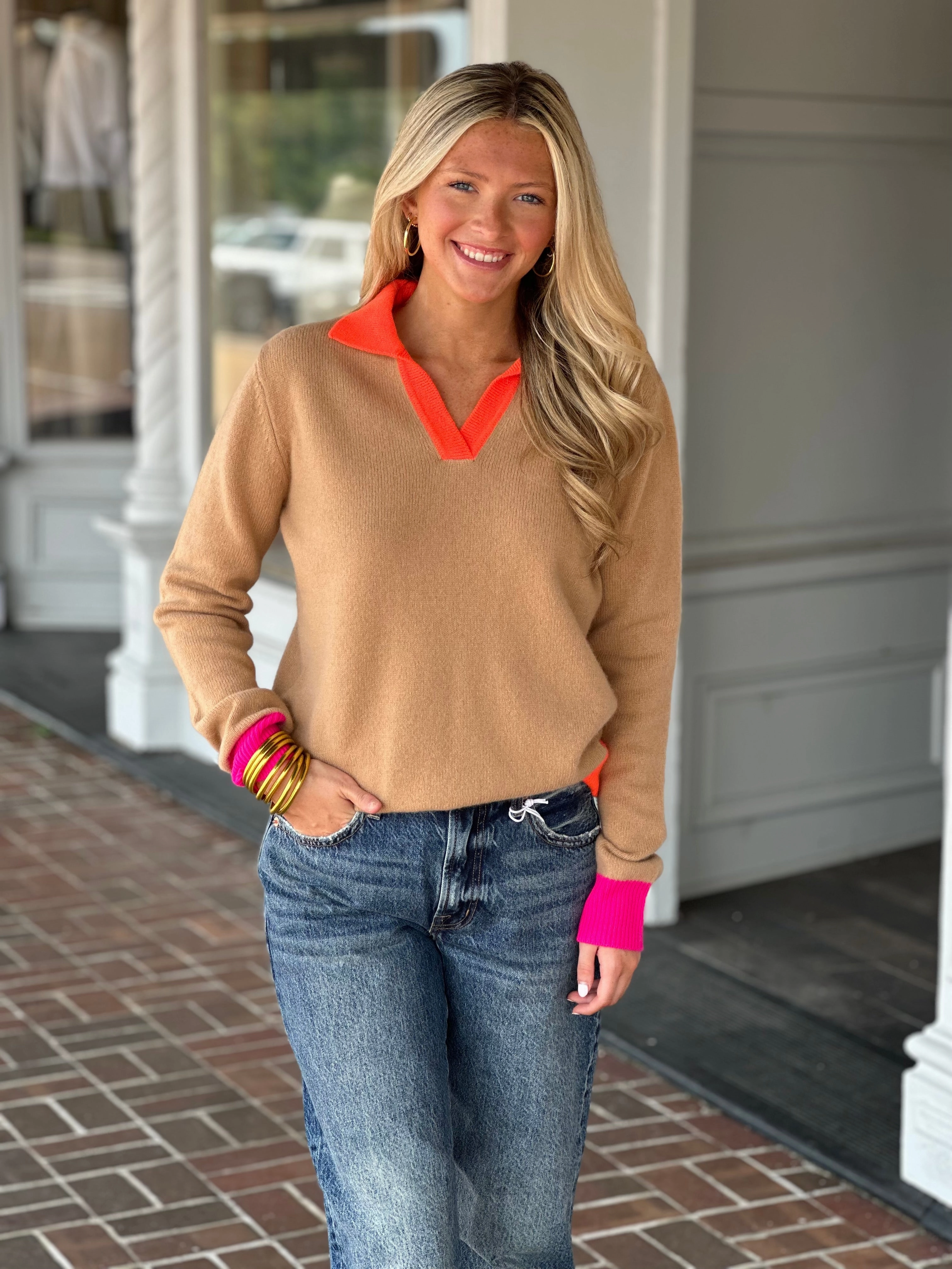 Contrast Stitch Detail Vilagallo Knit Collared Sweater