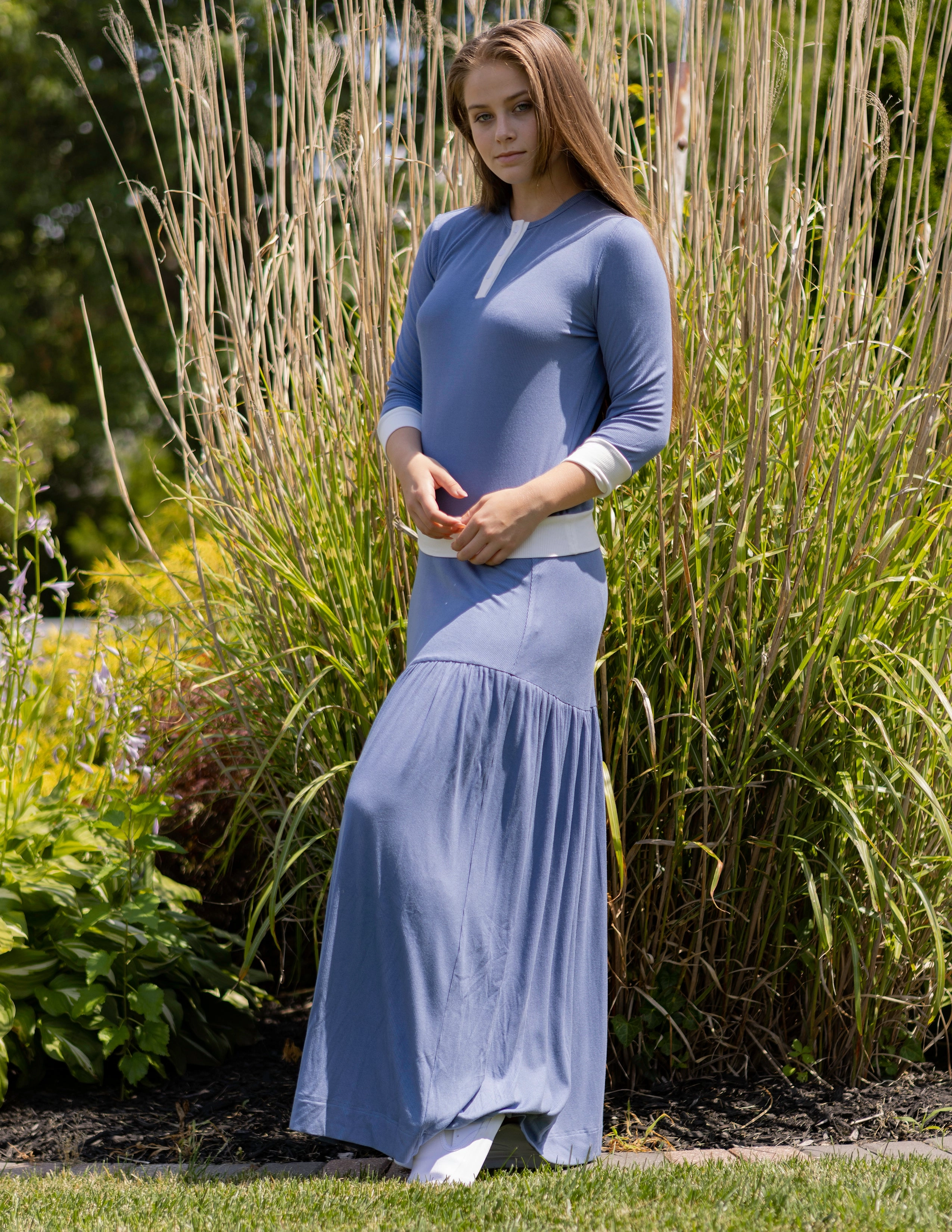 Lilac Blue Drop Waist tie Maxi Skirt 8285 Trend Ready