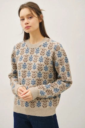 Layered Neckline Details Vintage Floral Jaquard Sweater in Denim