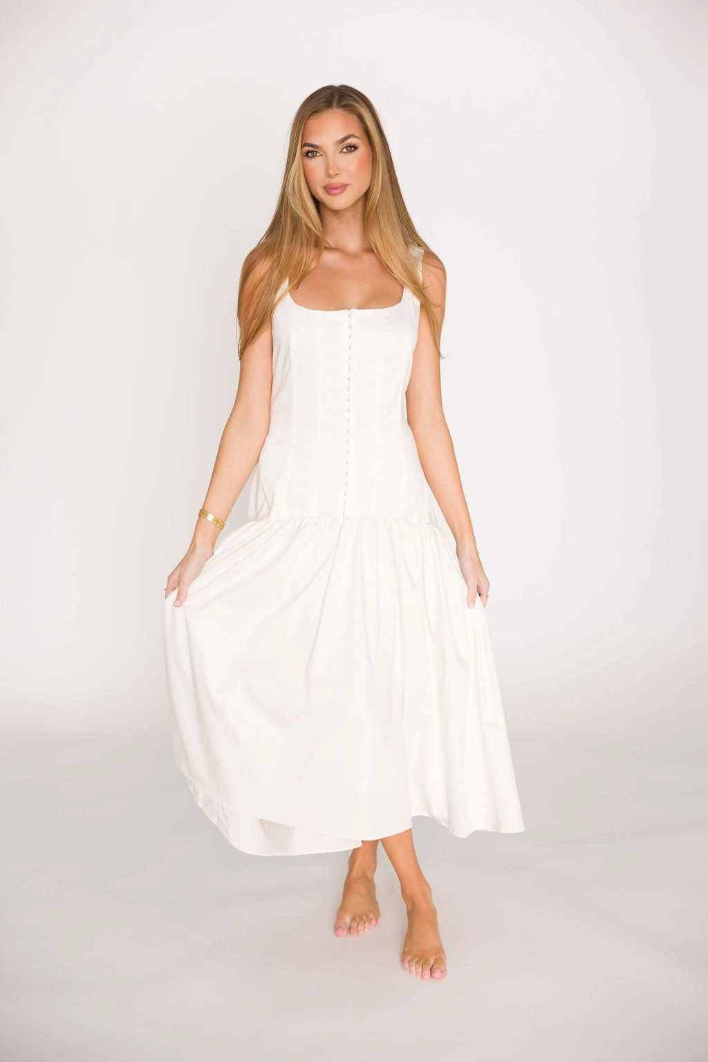 Violet Corset Style Drop Waist Midi Dress in Off-White *Final-Sale* Sleek long-sleeve dress Capsule-Wardrobe