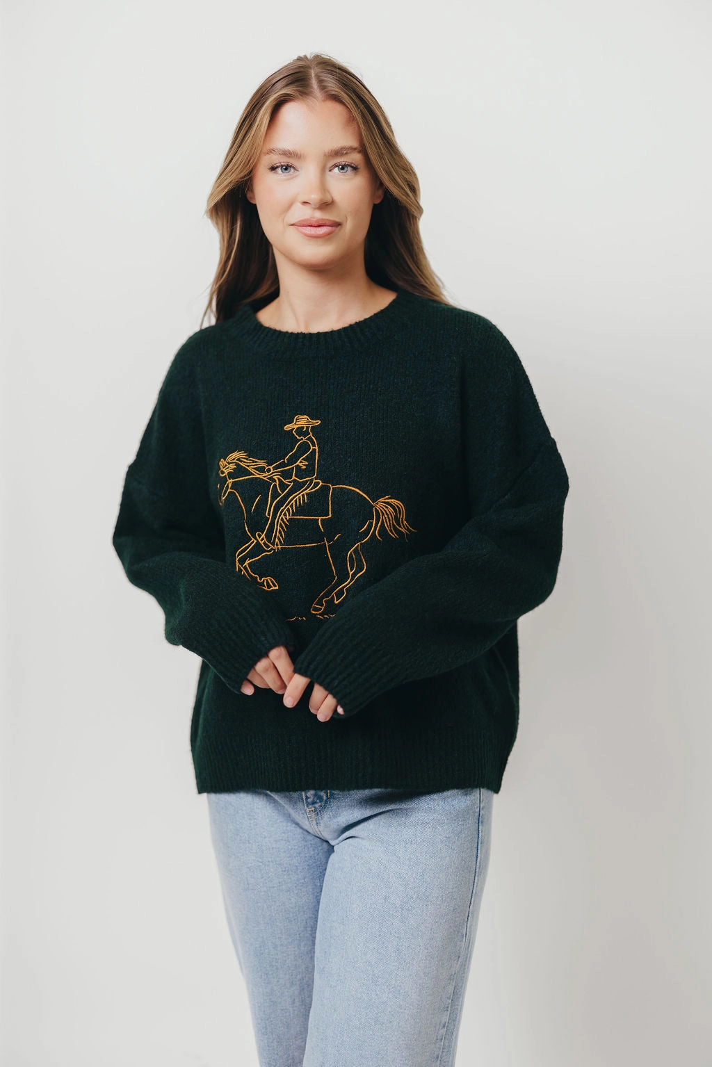 Sustainable Waterproofing MoistureControl Virginia Embroidered Cowboy Knit Sweater in Deep Forest