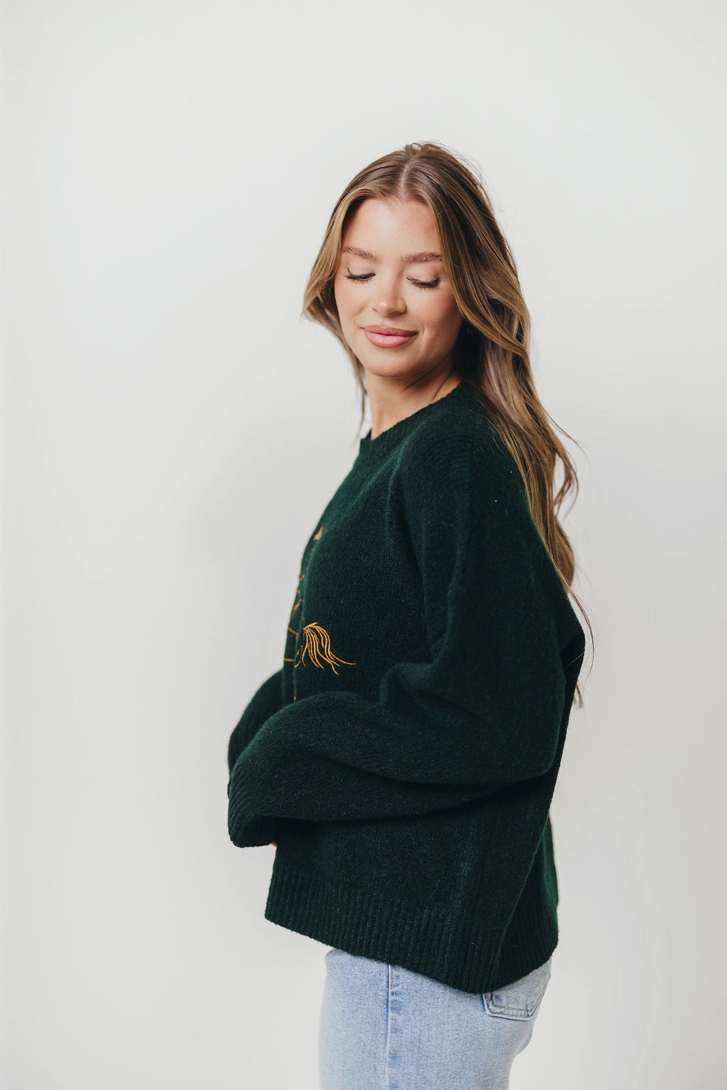 NonChafe Lining NonIrritatingStitching Virginia Embroidered Cowboy Knit Sweater in Deep Forest