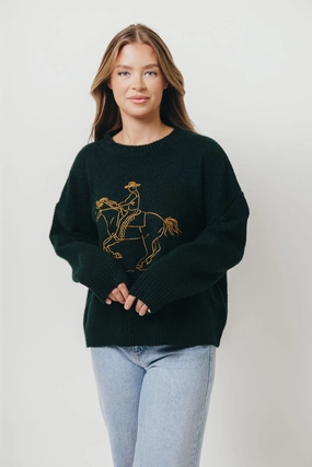 Sustainable Waterproofing MoistureControl Virginia Embroidered Cowboy Knit Sweater in Deep Forest