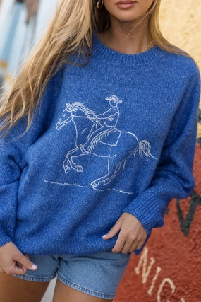 Virginia Embroidered Cowboy Knit Sweater in Royal Quick Access Slit