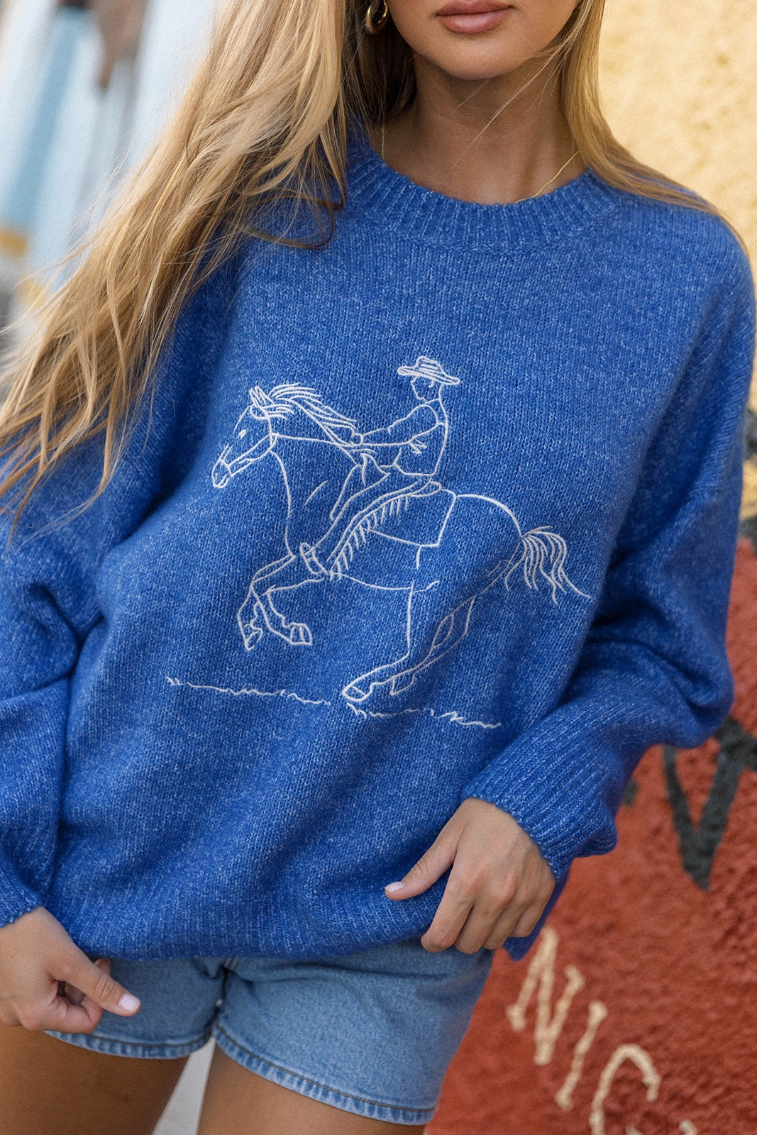 Virginia Embroidered Cowboy Knit Sweater in Royal Quick Access Slit