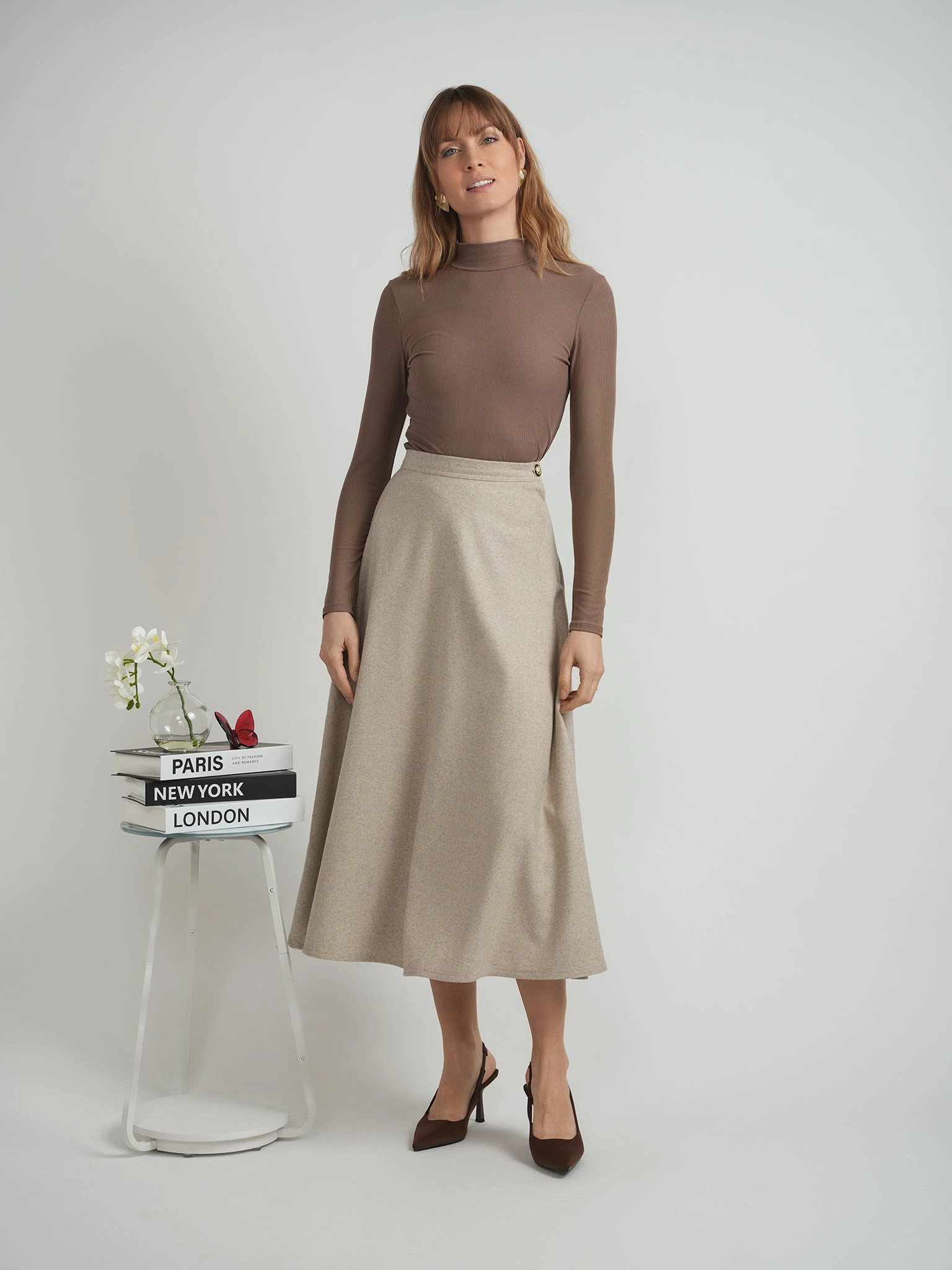 Rolled Hem Viva K Oatmeal Wool Midi Skirt WB5CM1700SM