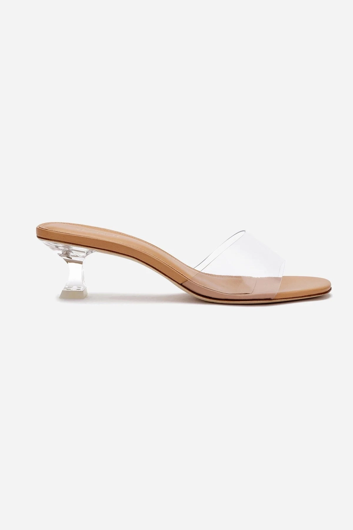 Vivi Lucite Mule In Tan Leather and Vinyl Flexibility Feature Supportive Core Active People