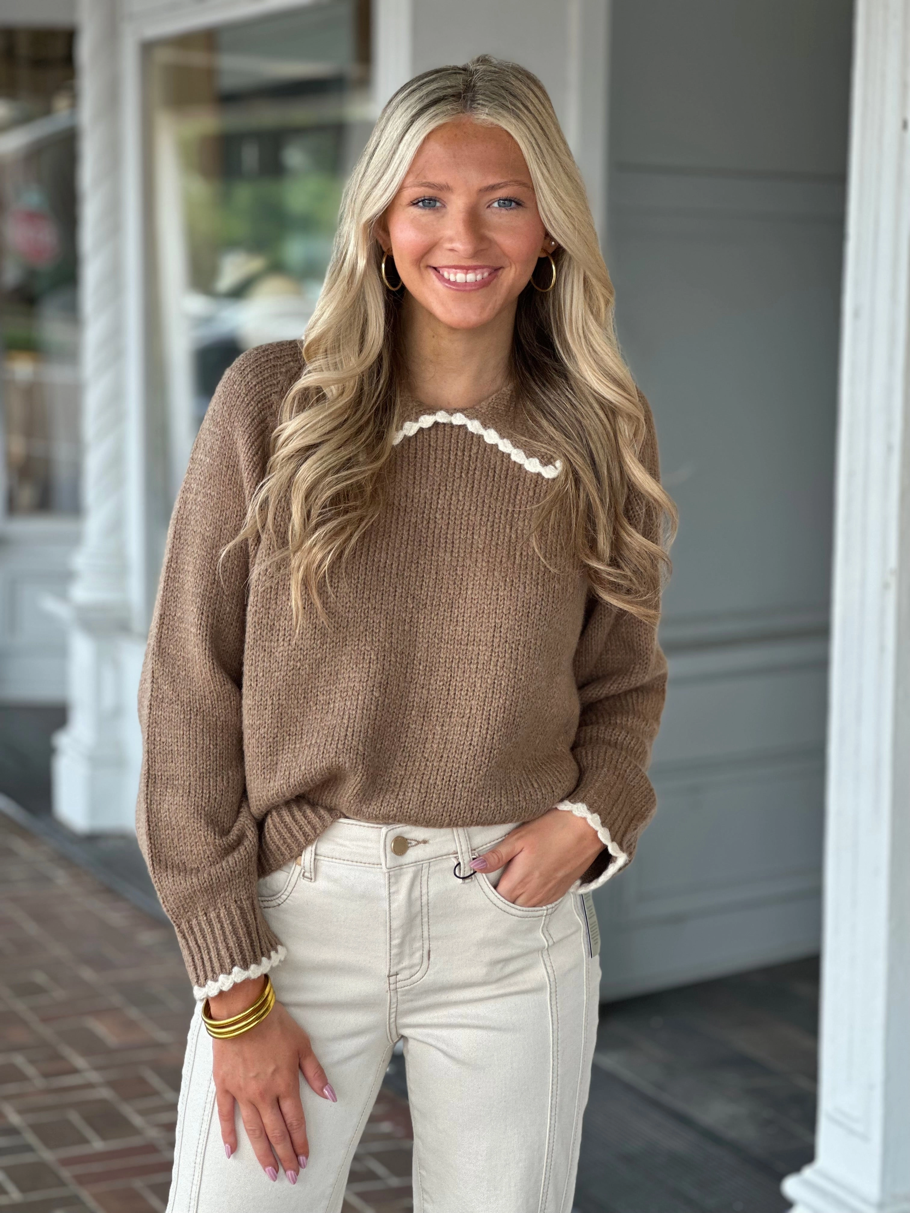 Self Cleaning Coating Relaxed Design Walnut Brown Scalloped Collared Sweater