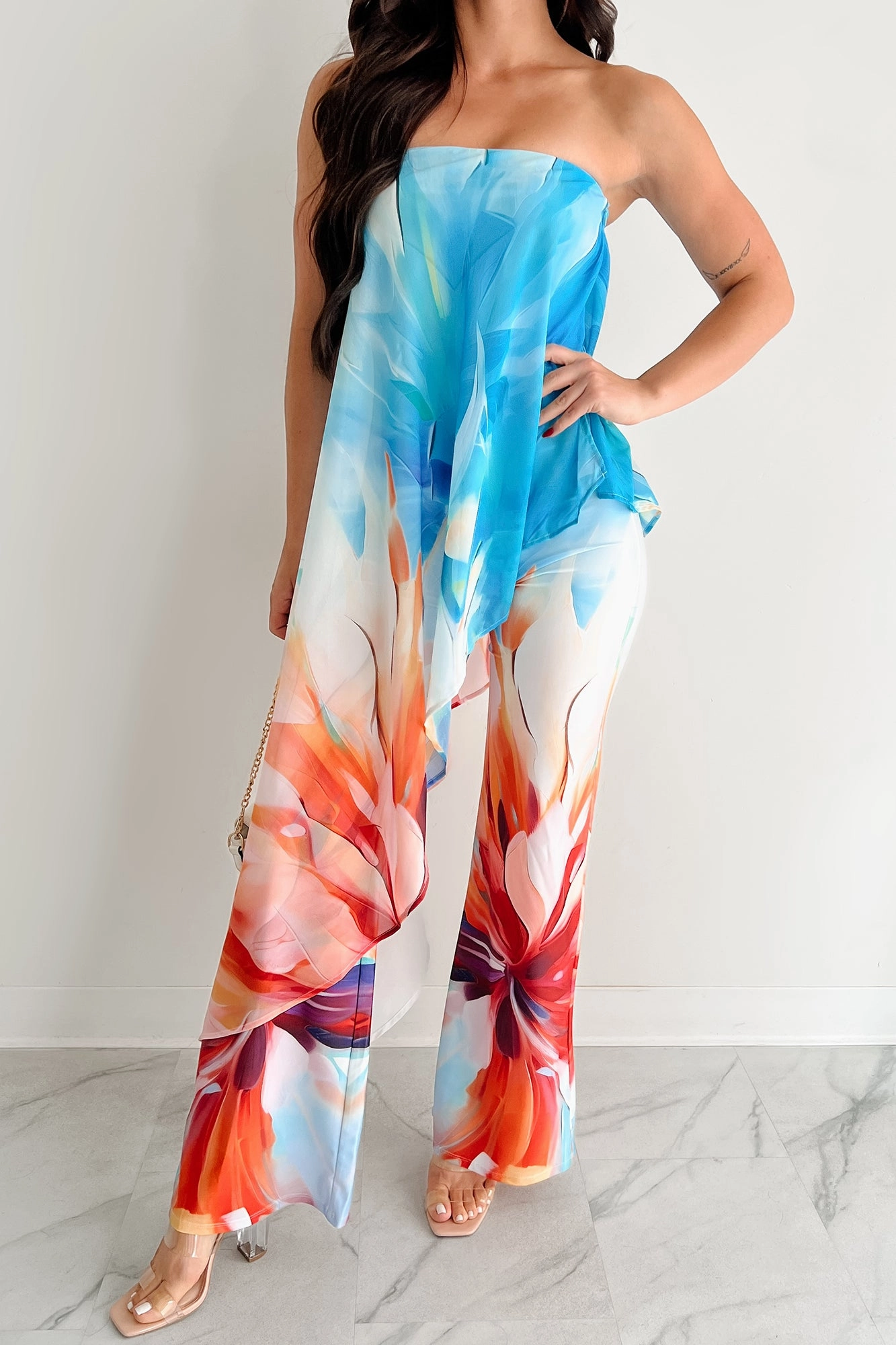 Wander Wildly Strapless Flowy Jumpsuit (Blue/Multi) Elasticized Waistband