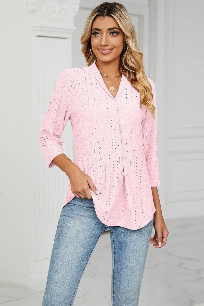 Organic Cotton Fiber Multi Pocket Configuration WOMEN EYELET COLLARED 3/4 SLEEVED BLOUSE TOP