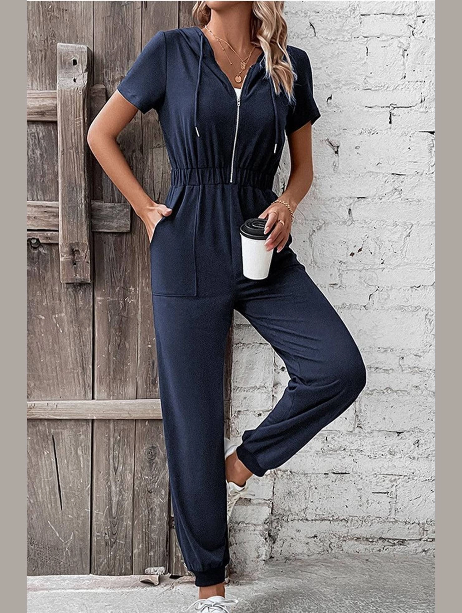 Fine Men Work Office WOMEN HALF ZIP UP HOODED ELASTIC WAIST JUMPSUIT