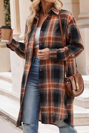 WOMEN CLASSIC PLAID PATTERN LONG LENGTH SHACKET AbrasionResistant Fabric