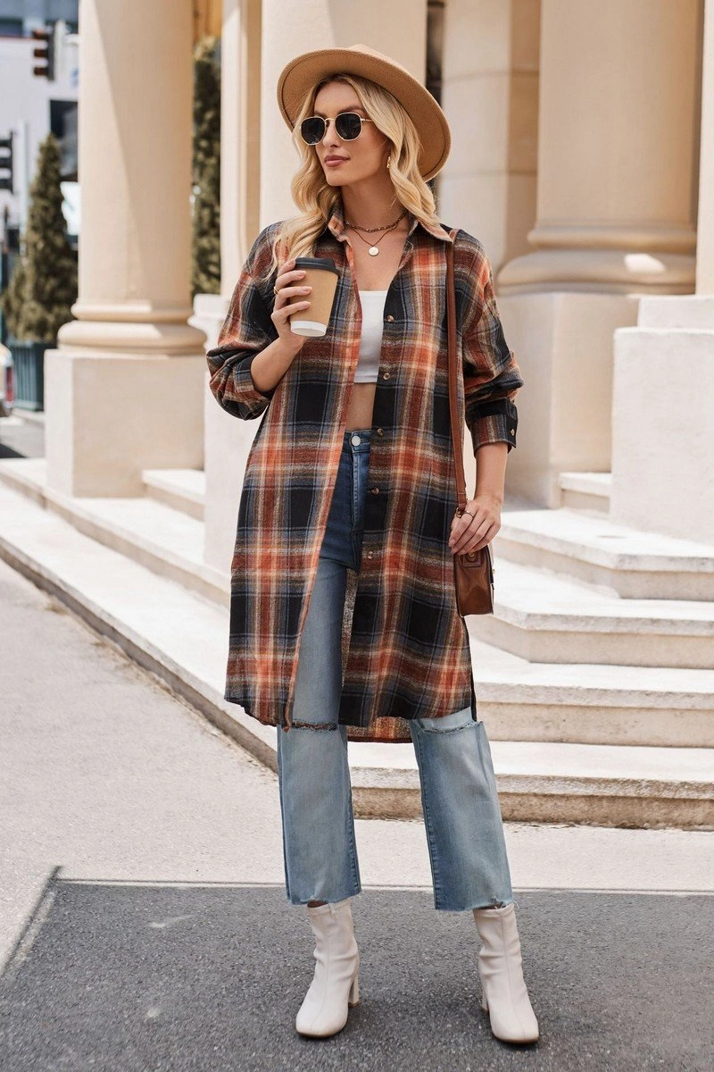 Low Profile Stitching RibbedHemline WOMEN CLASSIC PLAID PATTERN LONG LENGTH SHACKET