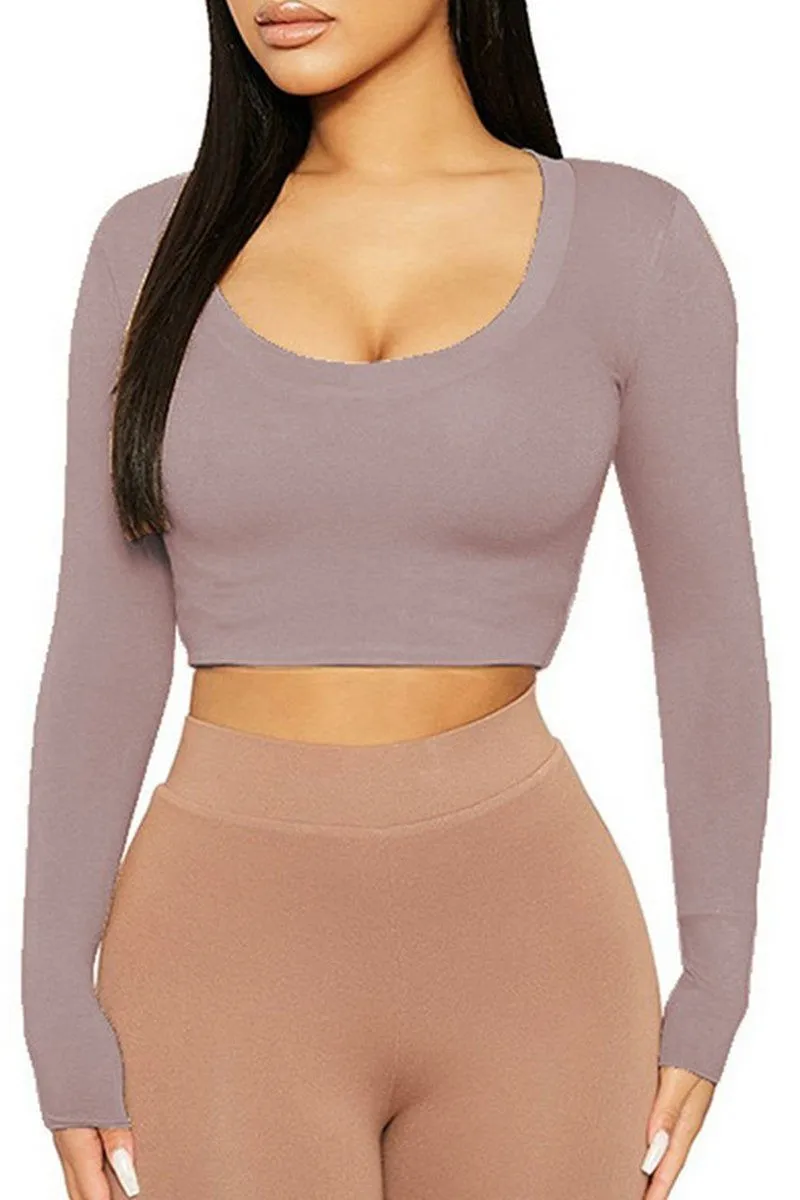 AdjustableHem EasyCareMaterial WOMEN SEXY U NECK LONG SLEEVE CROP TIGHT TOP