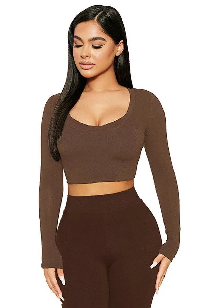 WOMEN SEXY U NECK LONG SLEEVE CROP TIGHT TOP Flexible Knit UV protection layer