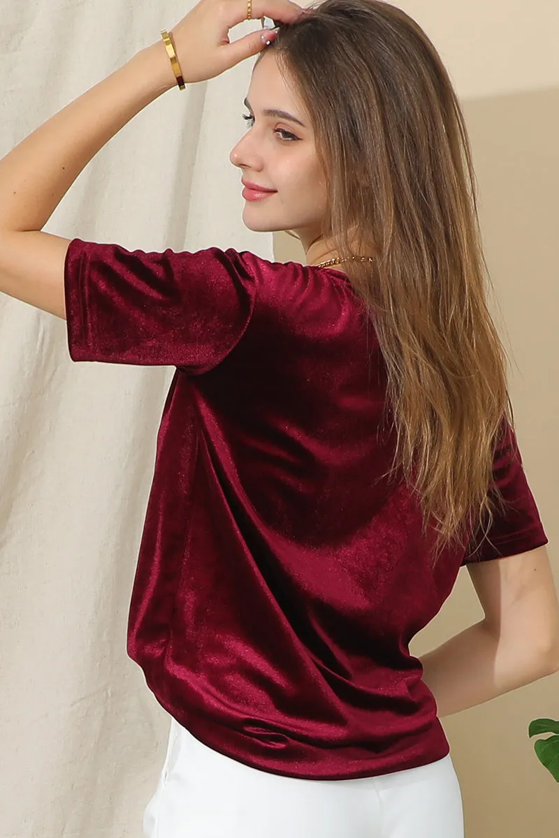 FrictionResistant Edges SHORT SLEEVE ROUND NECK VELVET CASUAL TUNIC TOP