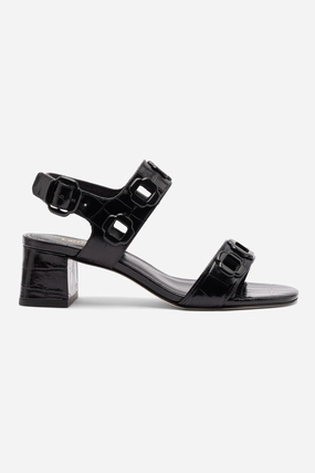 Milan Block Sandal In Black Croc Printed Leather Adjustable Straps