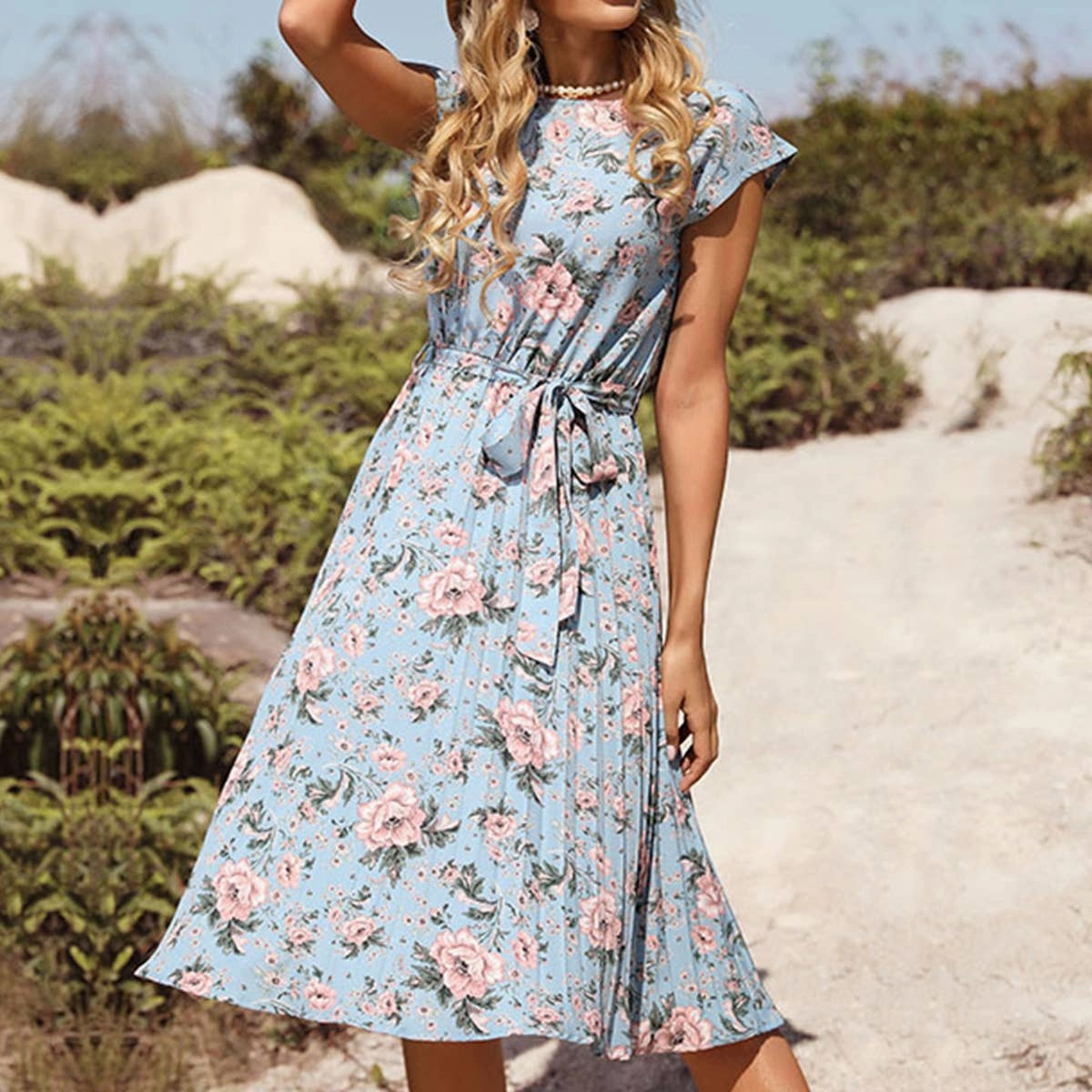 Inner Smile Blue floral print holiday dress_CWDSD3390