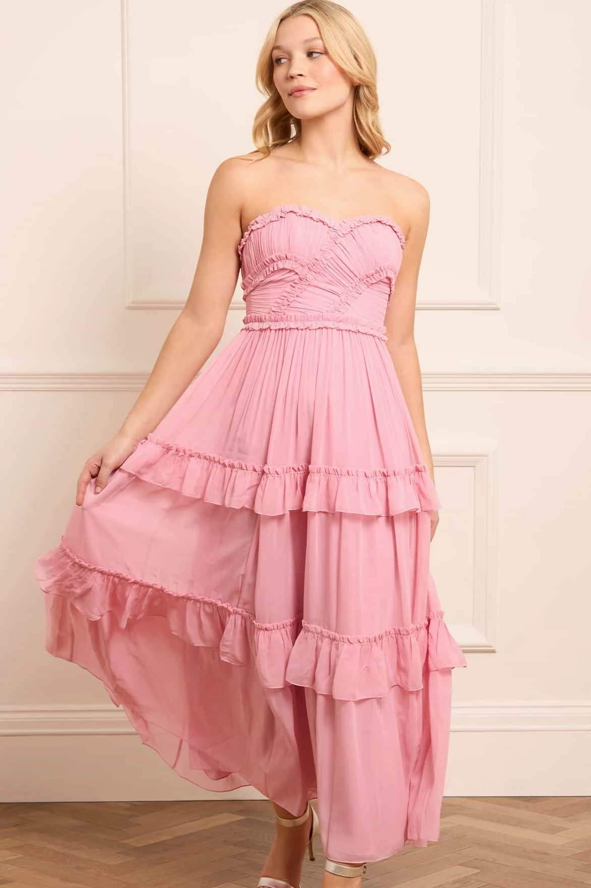 Shimmer-Finish Isabel Chiffon Strapless Ankle Gown