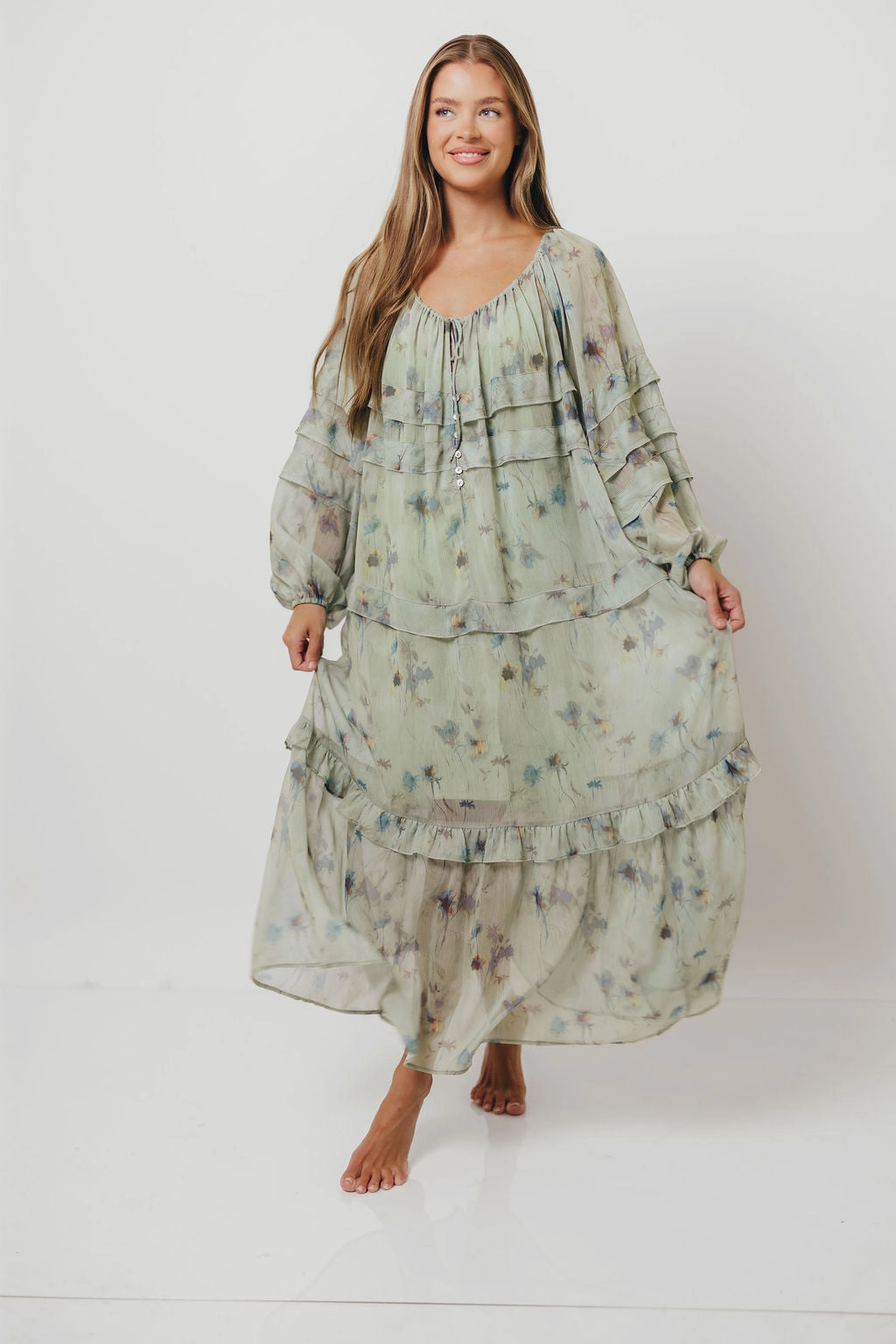 Luxe Mood Luxe style Wildwood Ruffled Maxi Dress in Sage Multi