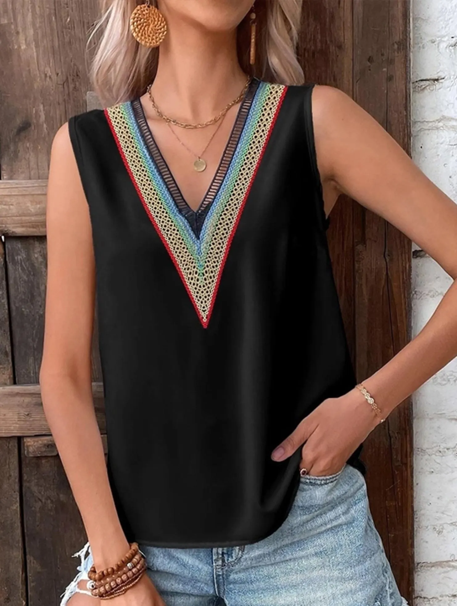 MULTICOLOR LACE V NECK SLEEVELESS BLOUSE Tear Resistant WrinkleFree Weave