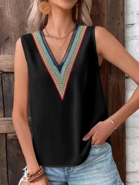 MULTICOLOR LACE V NECK SLEEVELESS BLOUSE Low Impact Manufacturing Everyday Look