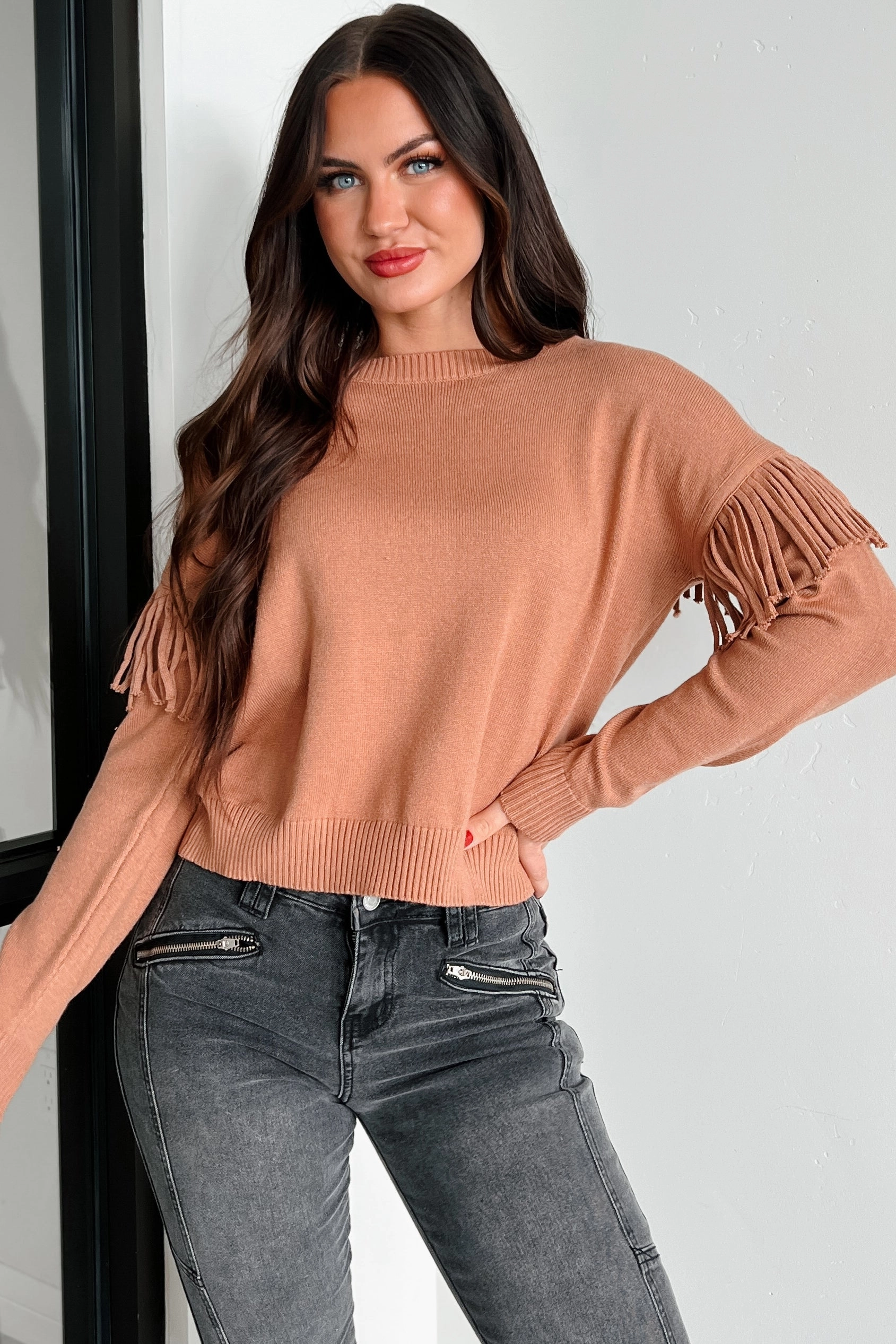 Wyoming Winters Fringe Sweater (Camel) Layered Neckline NonToxic Certification