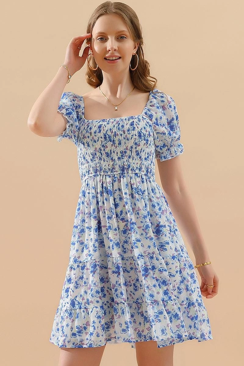 PATTERNED SQUARE NECK PUFF SLEEVE SHORT CAKE DRESS Open-back