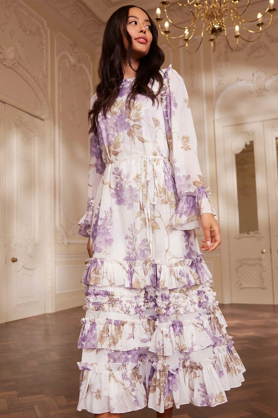 Dreamy Flow Wisteria Chiffon Round Neck Ankle Gown