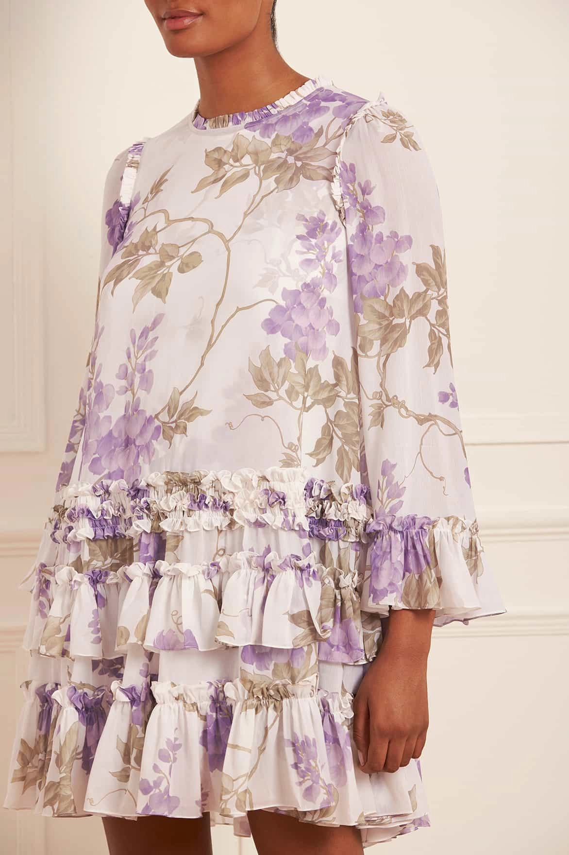 Wisteria Chiffon Round Neck Mini Dress Zip-Closure