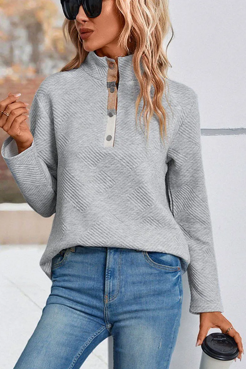 Double Needle Hemming WOMEN BUTTONED HIGH NECK PLAID BLOCK PULLOVER TOP