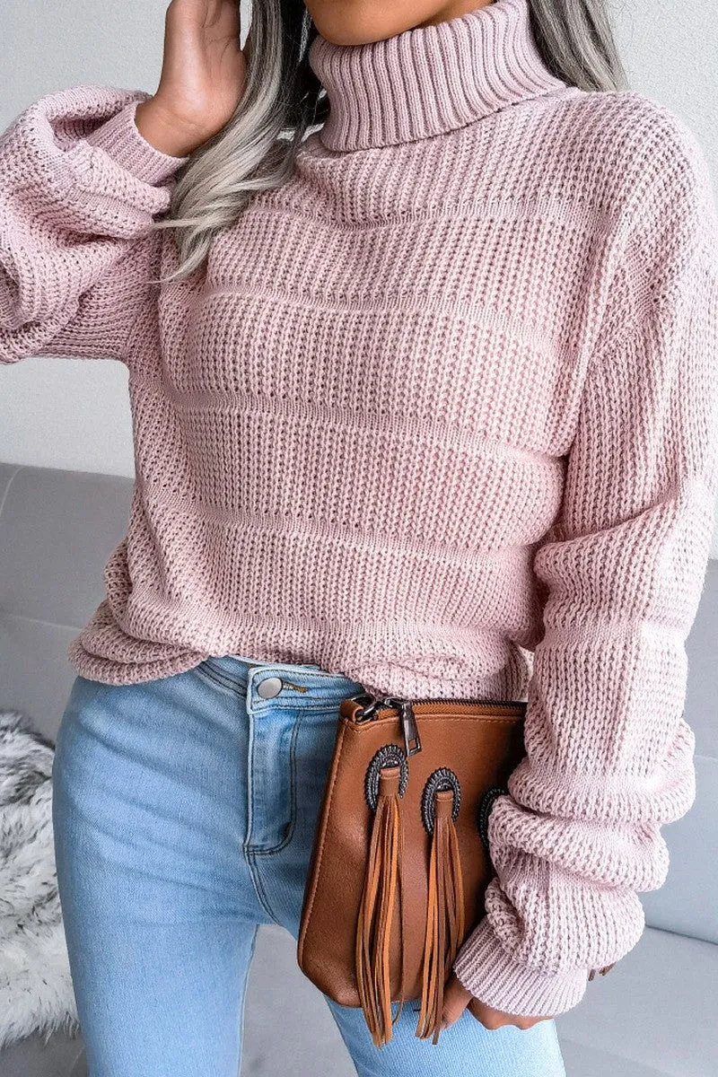 Ribbed Hem Finish 3D Spacer Fabric WOMEN CABLE KNITTED TURTLE NECK LOOSE FIT SWEATER