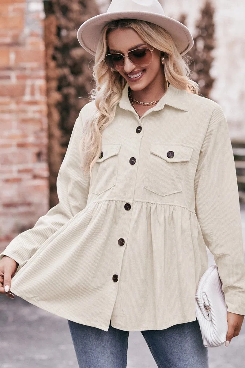 Cold Weather Grid Texture Fabric WOMEN CORDUROY BUTTON UP SHIRTS WITH POCKETS