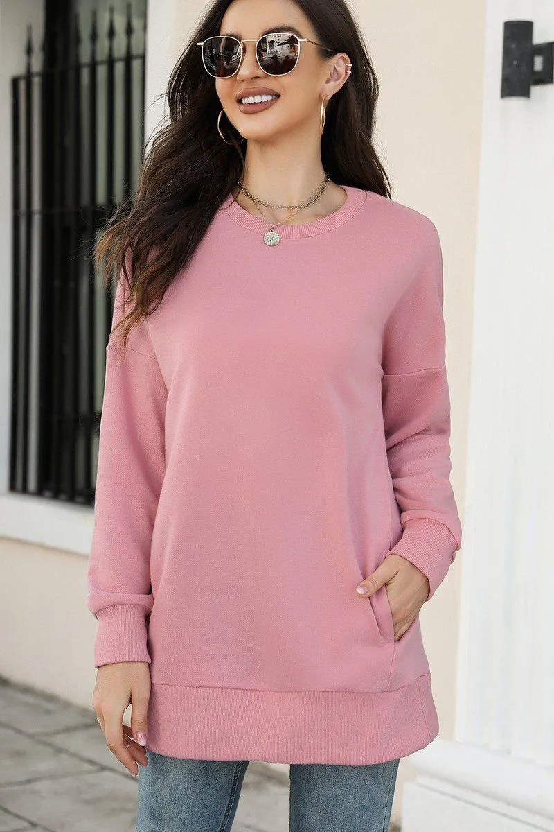 WOMEN CREW NECK LONG LENGTH PULLOVER TOP Roll Up Sleeve System
